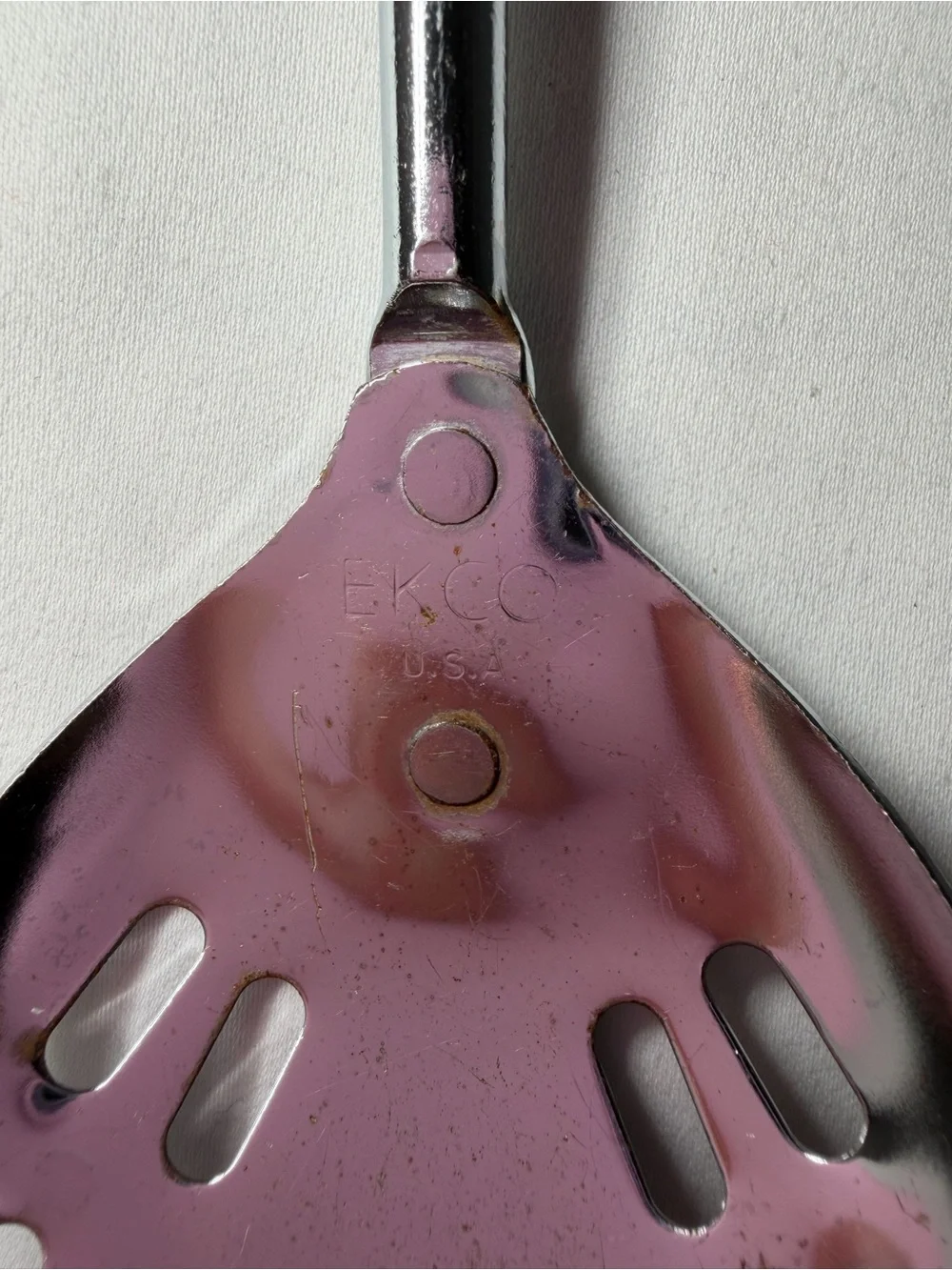 EKCO Stainless Steel Slotted Spoon, Brown Wood Handle, Silver Solid Pattern